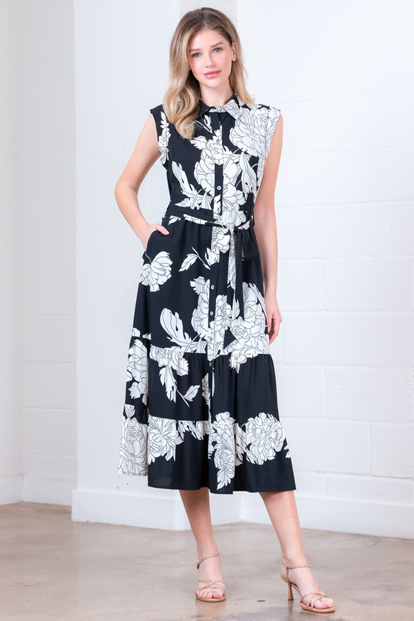 Light Gray Hayes Floral Midi Dress in Black/Cream Midi Dress