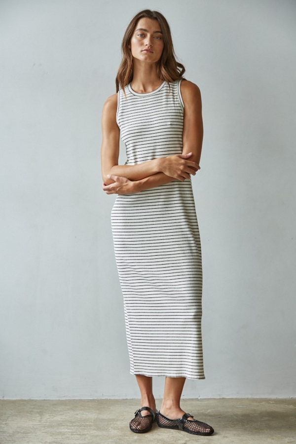 Gray Ashland Ribbed Maxi in Cream Black Stripe Maxi Dress