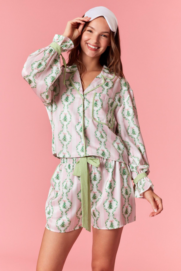 Light Pink Christmas Satin Gingham Pj Set Pajamas