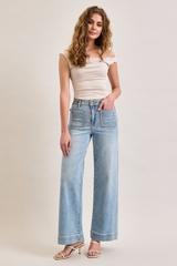 Light Gray Nori Wide Leg Pant Stud Pockets | Super Light Wash Jeans