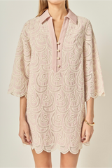 Gray Striped Embroidered Scallop Hem Shirt Mini Dress Mini Dress