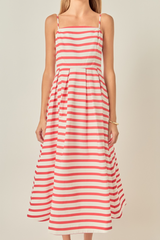 Light Gray Striped Pleated Midi Dress in Off White/Red Midi Dress
