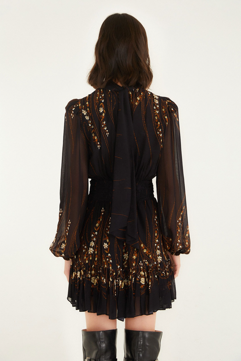 Beige Garden Silhouette Black Long Sleeve Mini Dress Mini Dress