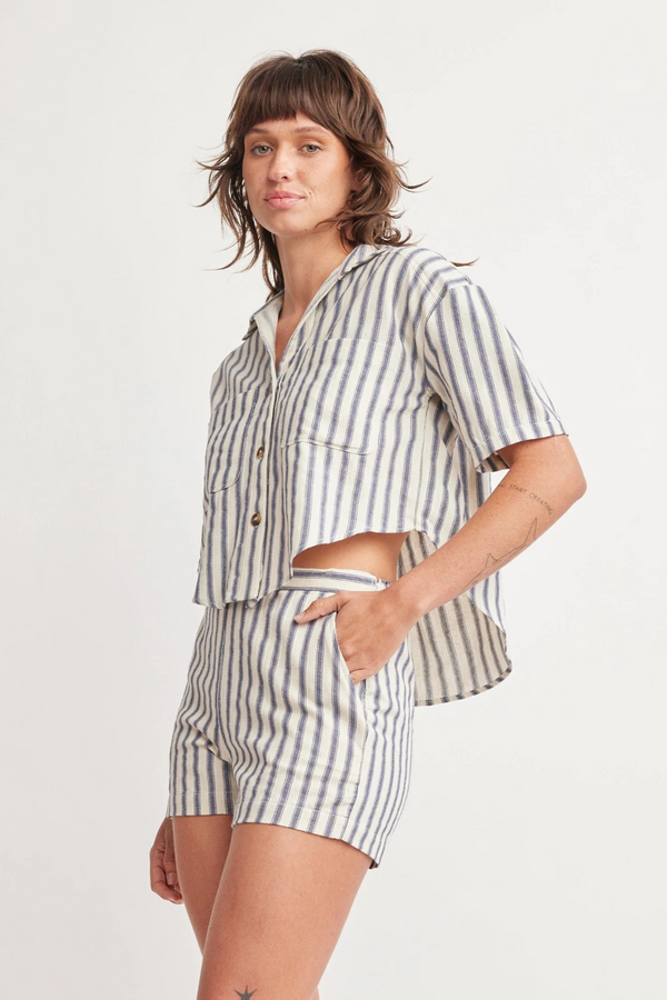 Antique White Terri Crop Shirt in Blue Stripes Top