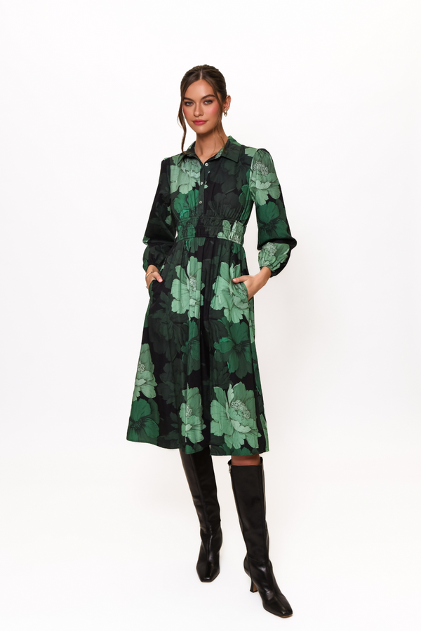 Dark Slate Gray Ellora Dress in Forest Tonal Sketched Floral Midi Dress