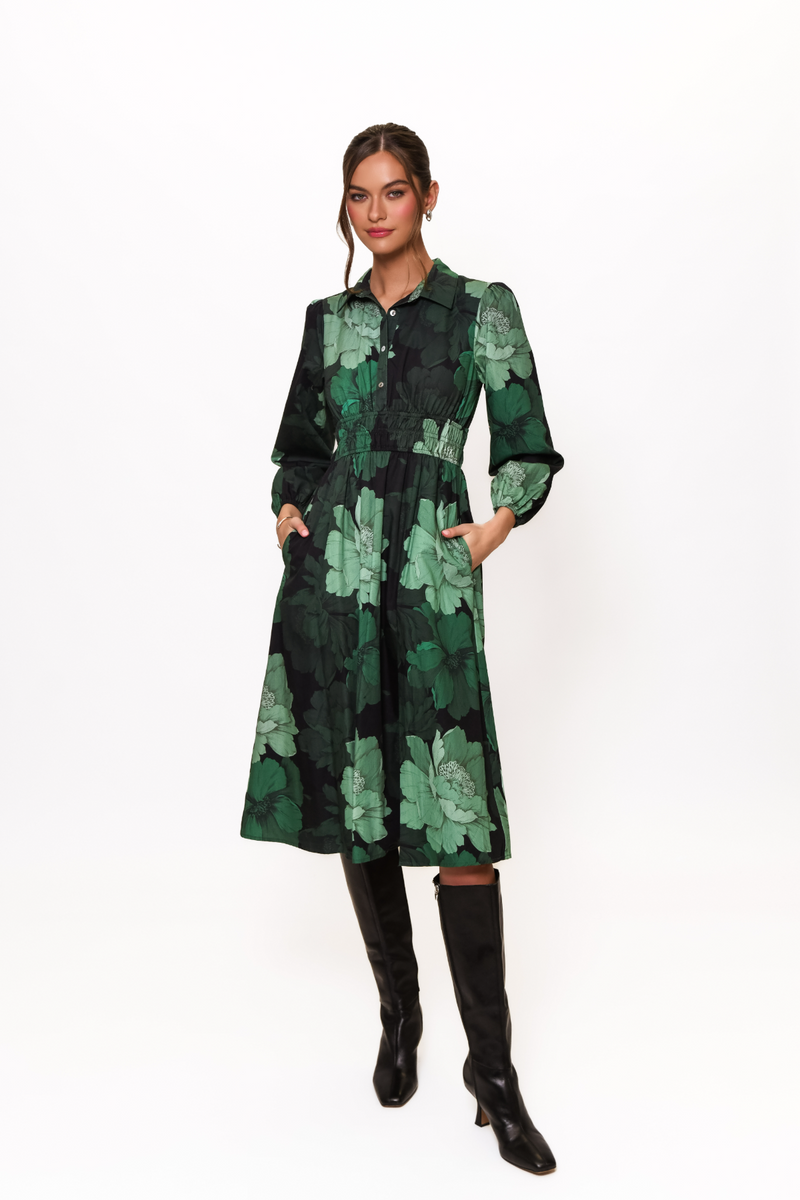 Dark Slate Gray Ellora Dress in Forest Tonal Sketched Floral Midi Dress