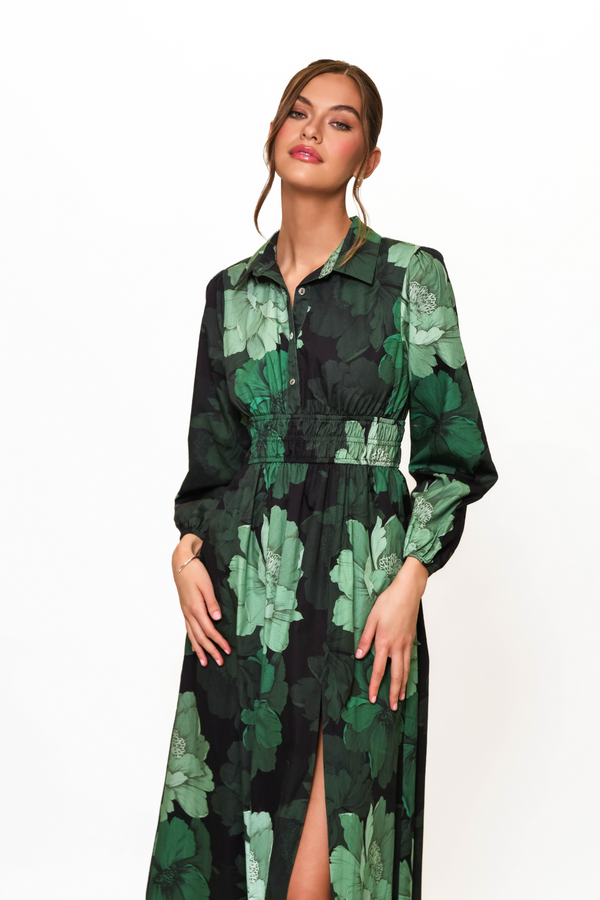 Misty Rose Ellora Dress in Forest Tonal Sketched Floral Midi Dress