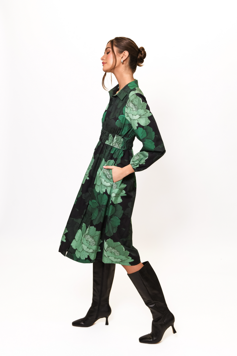 Dark Slate Gray Ellora Dress in Forest Tonal Sketched Floral Midi Dress