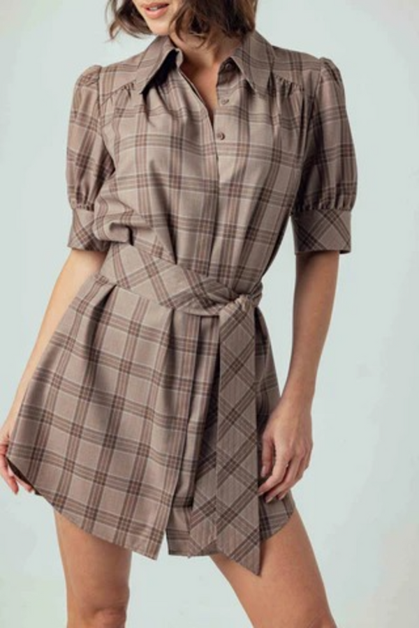 Gray Kambry Dress in Mocha Plaid Mini Dress
