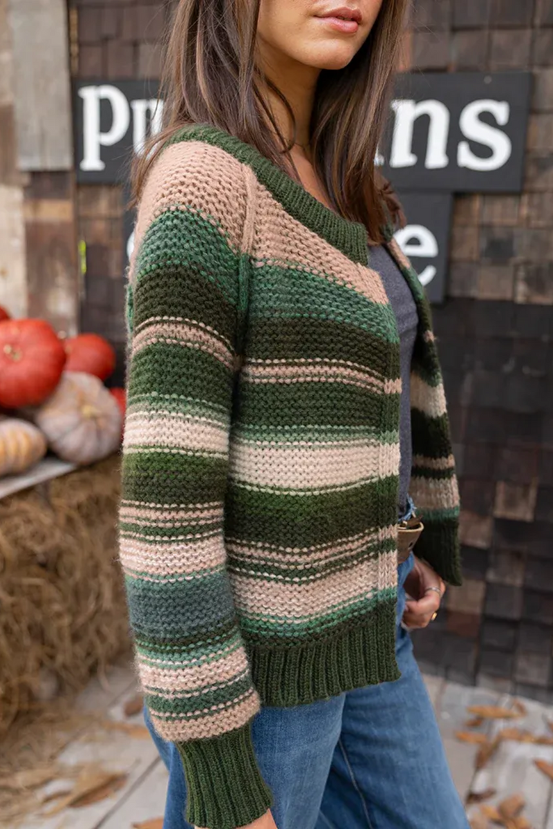 Dark Slate Gray Inez Chunky Cardigan in Waxed Loden Stripe Cardigan