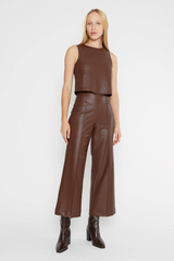 Beige Vegan Leather Straight Leg Cropped Pants Pants