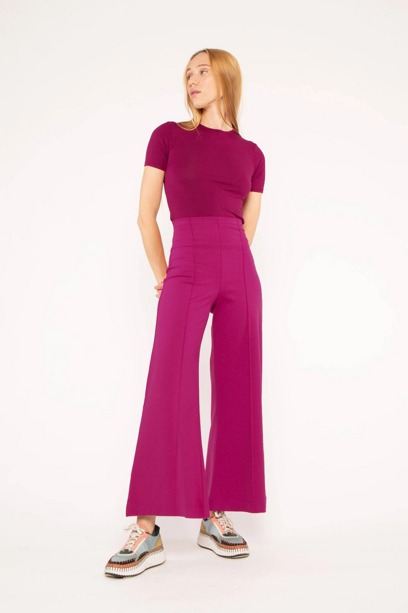 Maroon Ponte Knit Wide Leg Pant: Cropped Pant