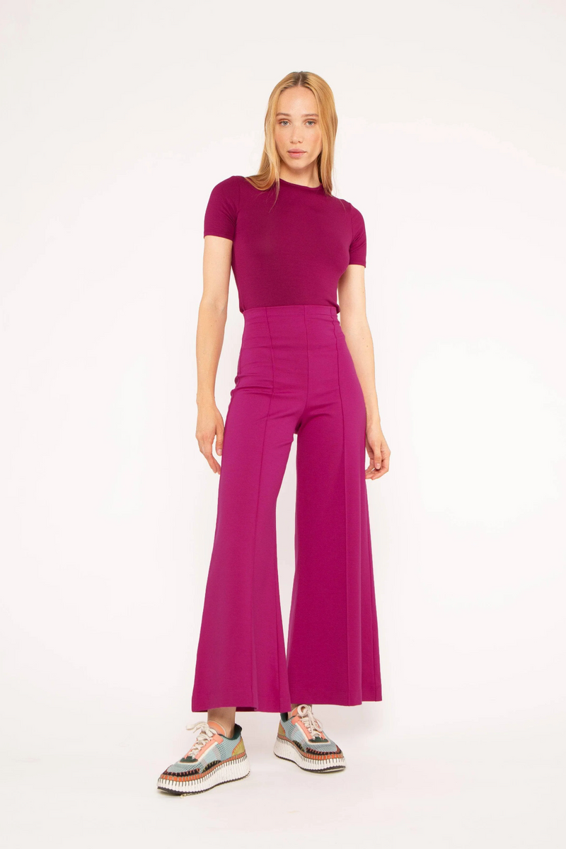 Maroon Ponte Knit Wide Leg Pant: Cropped Pant