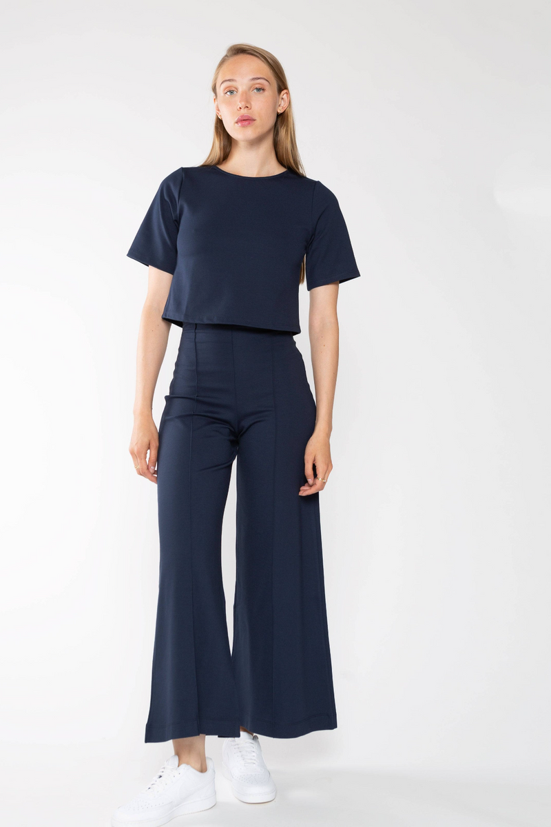 Dark Slate Gray Ponte Knit Wide Leg Pant: Cropped Pant