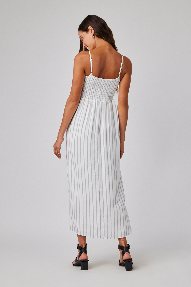 Light Gray Smocked Cami Maxi Dress in Makena Beach Stripe Maxi Dress