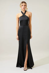 Light Gray Spellbound Halter Satin Maxi Dress Formal Dress