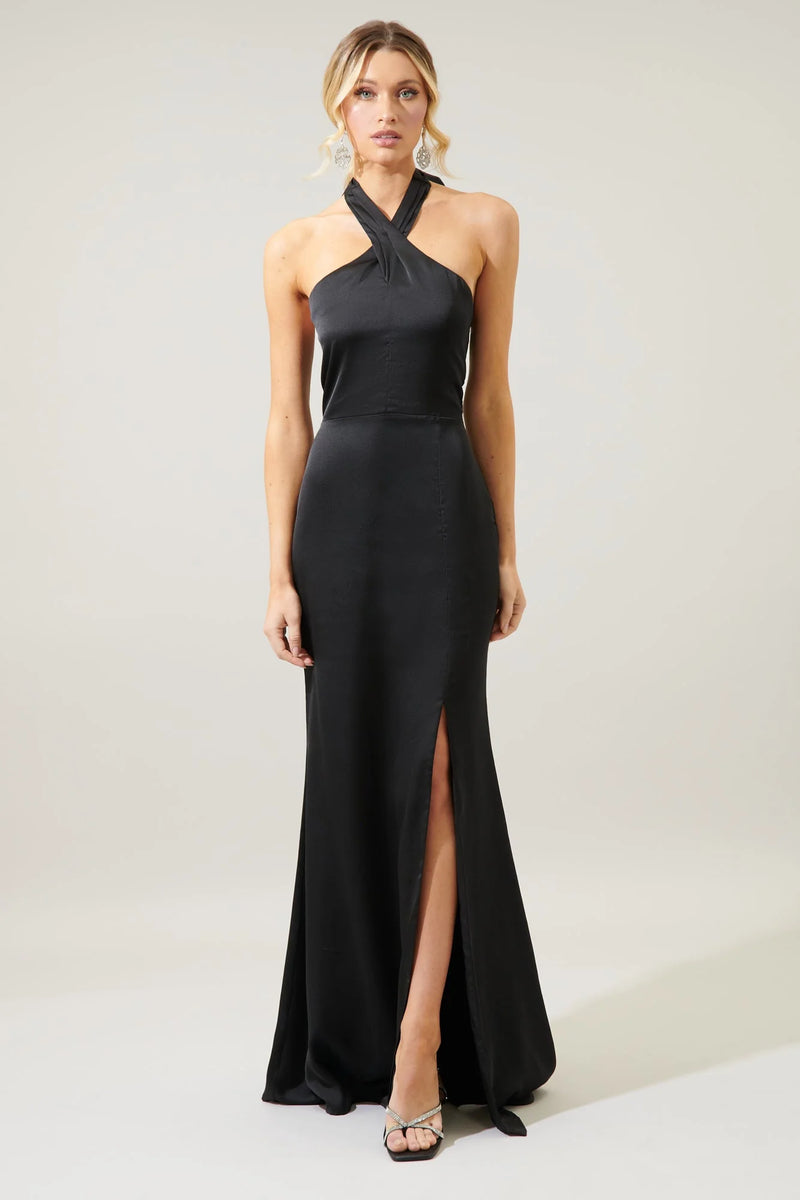 Light Gray Spellbound Halter Satin Maxi Dress Formal Dress