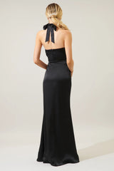 Light Gray Spellbound Halter Satin Maxi Dress Formal Dress