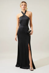 Light Gray Spellbound Halter Satin Maxi Dress Formal Dress