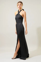 Light Gray Spellbound Halter Satin Maxi Dress Formal Dress