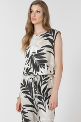 Light Gray Boxy Printed Top in Abstract Leaf Top