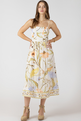 Light Gray Smocked Detail Midi Dress in Vintage Garden Midi Dress