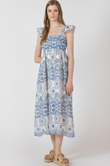 Light Gray Cutout Embroidered Dress in Cream/Blue Maxi Dress