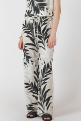 Light Gray Wide Leg Drawstring Trouser in Abstract Leaf Pant
