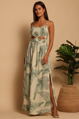Dark Khaki Shiloh Shell Maxi Dress in Palm Stitchwork Maxi Dress