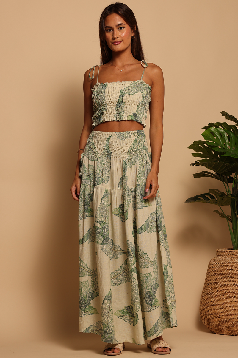 Dark Khaki Luna Skirt in Palm Stitchwork Maxi Skirt