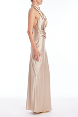 Tan Cowl Halter Neck Metallic Satin Gown Formal Gown