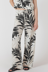 Light Gray Wide Leg Drawstring Trouser in Abstract Leaf Pant