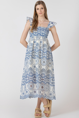 Light Gray Cutout Embroidered Dress in Cream/Blue Maxi Dress