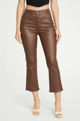 Dark Olive Green Coated Shy Girl High Rise Crop Flare Pant