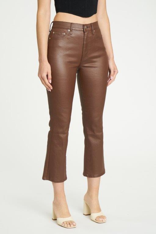Dark Olive Green Coated Shy Girl High Rise Crop Flare Pant