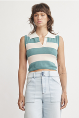 Light Gray Waverly Collar Top in Teal Stripe Top