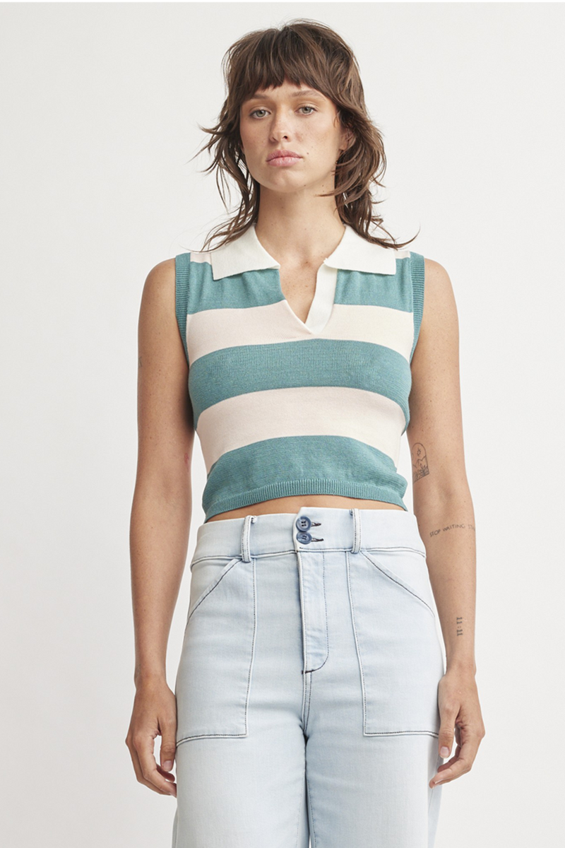 Light Gray Waverly Collar Top in Teal Stripe Top