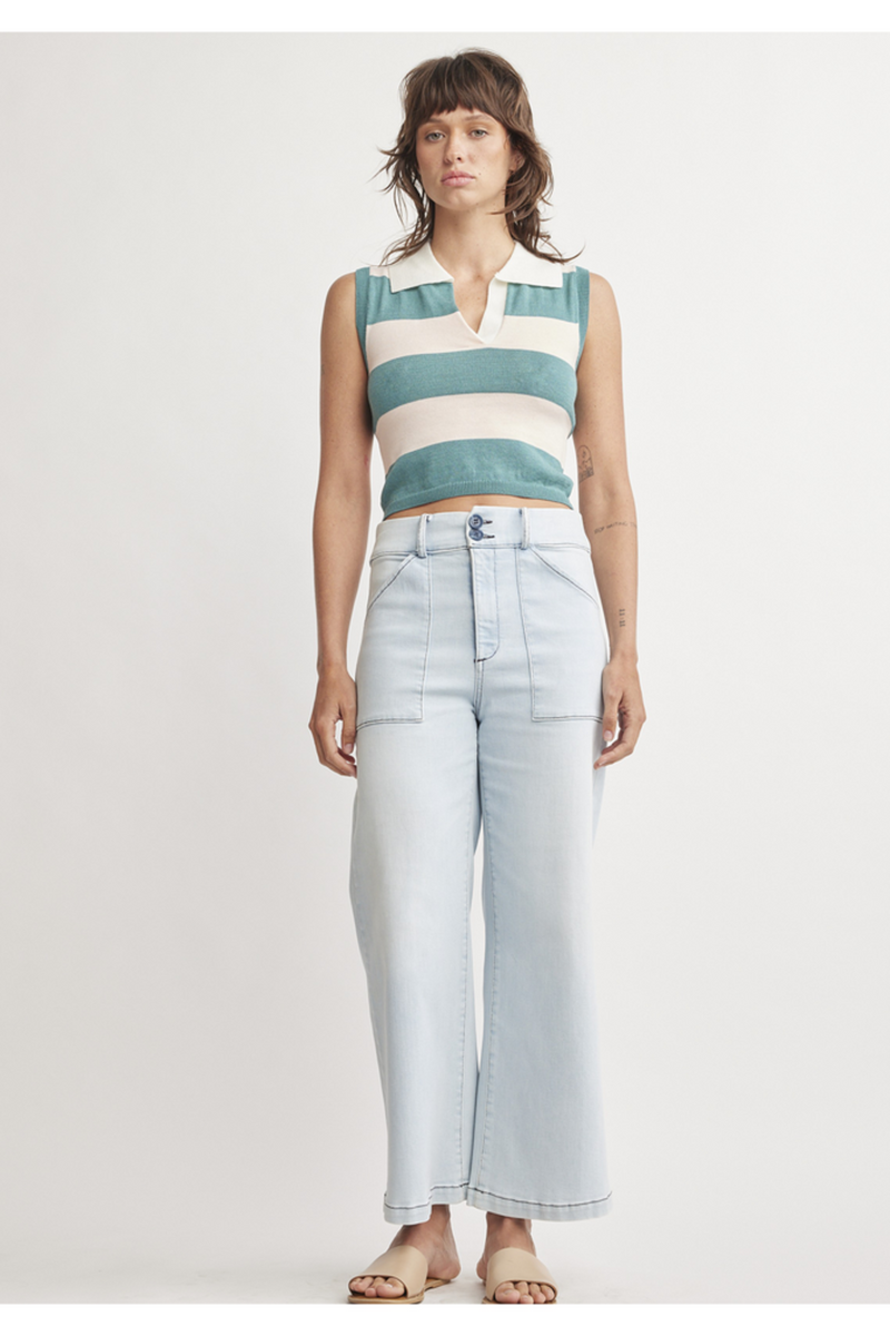 Light Gray Waverly Collar Top in Teal Stripe Top