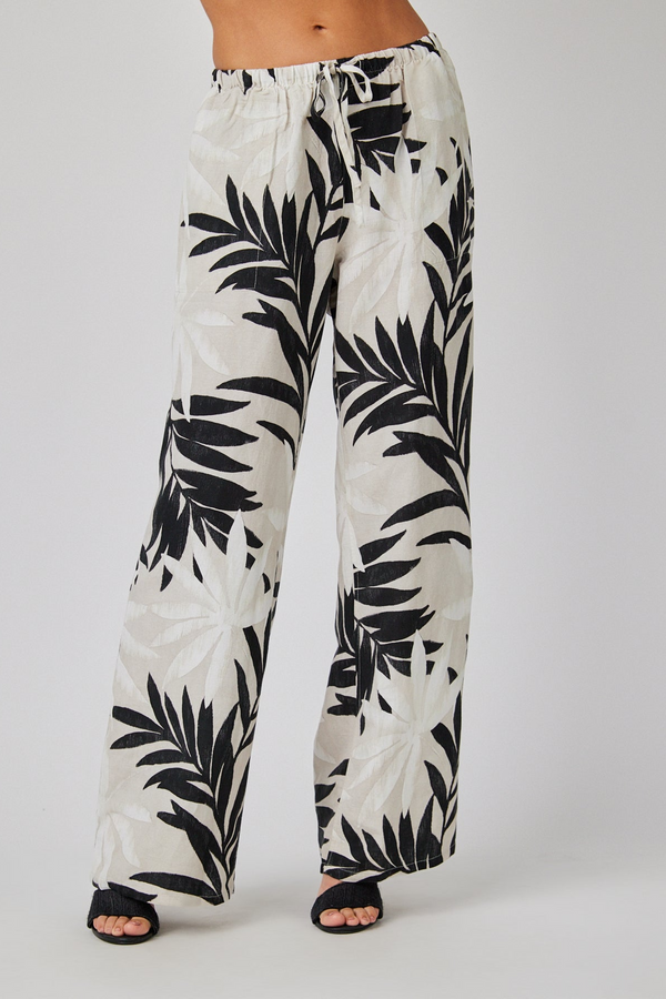 Gray Wide Leg W/Drawstring Pant in Maui Palm Print Pant