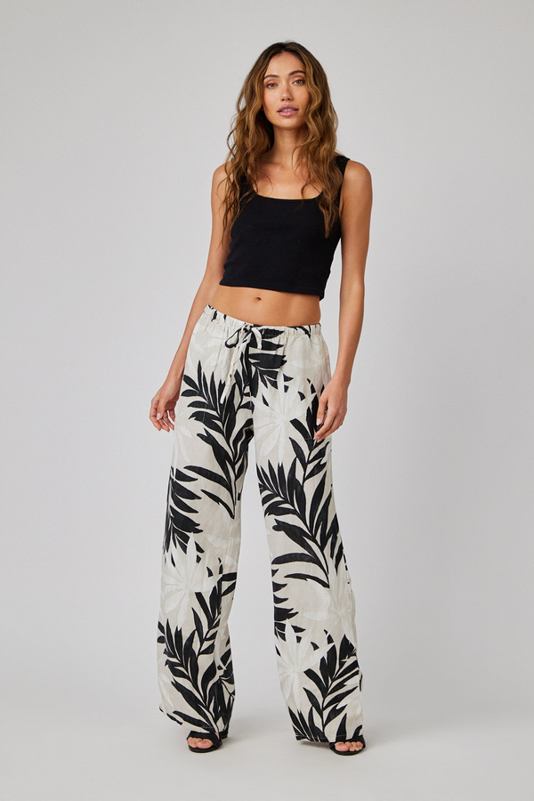 Gray Wide Leg W/Drawstring Pant in Maui Palm Print Pant