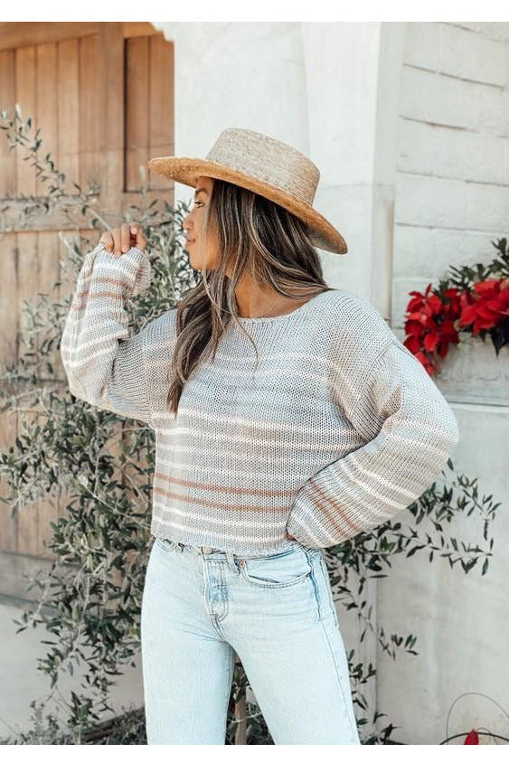 Gray Multi Striped Knit Spring Sweater